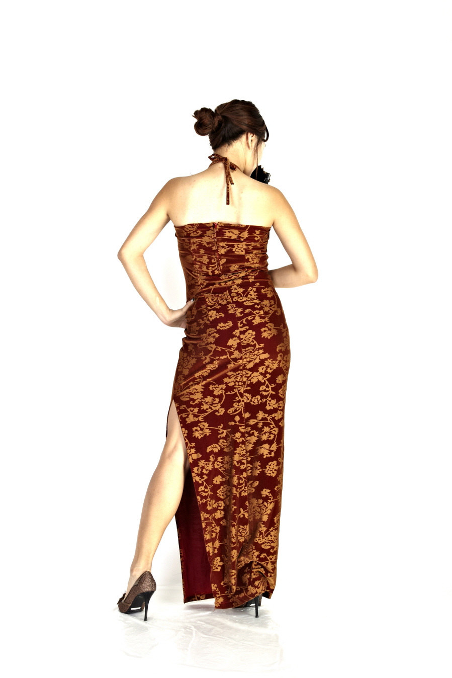 중국-치파오 롱드레스 다크레드